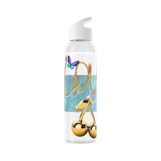 Water Bottle - Gold Shiny Cherry's and Peacock Feather Blue Design