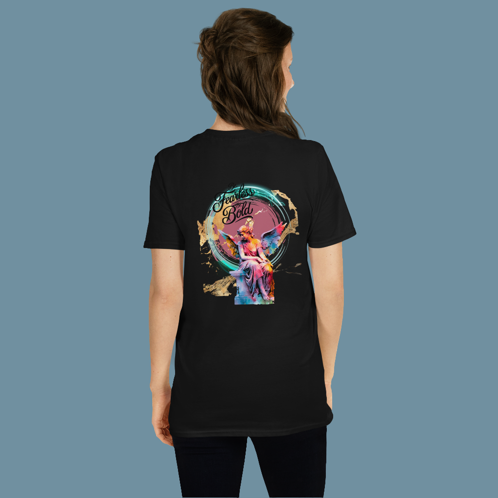 Be Fearless Be Bold women's black t-shirt with colorful graphic design, soft ring-spun cotton.