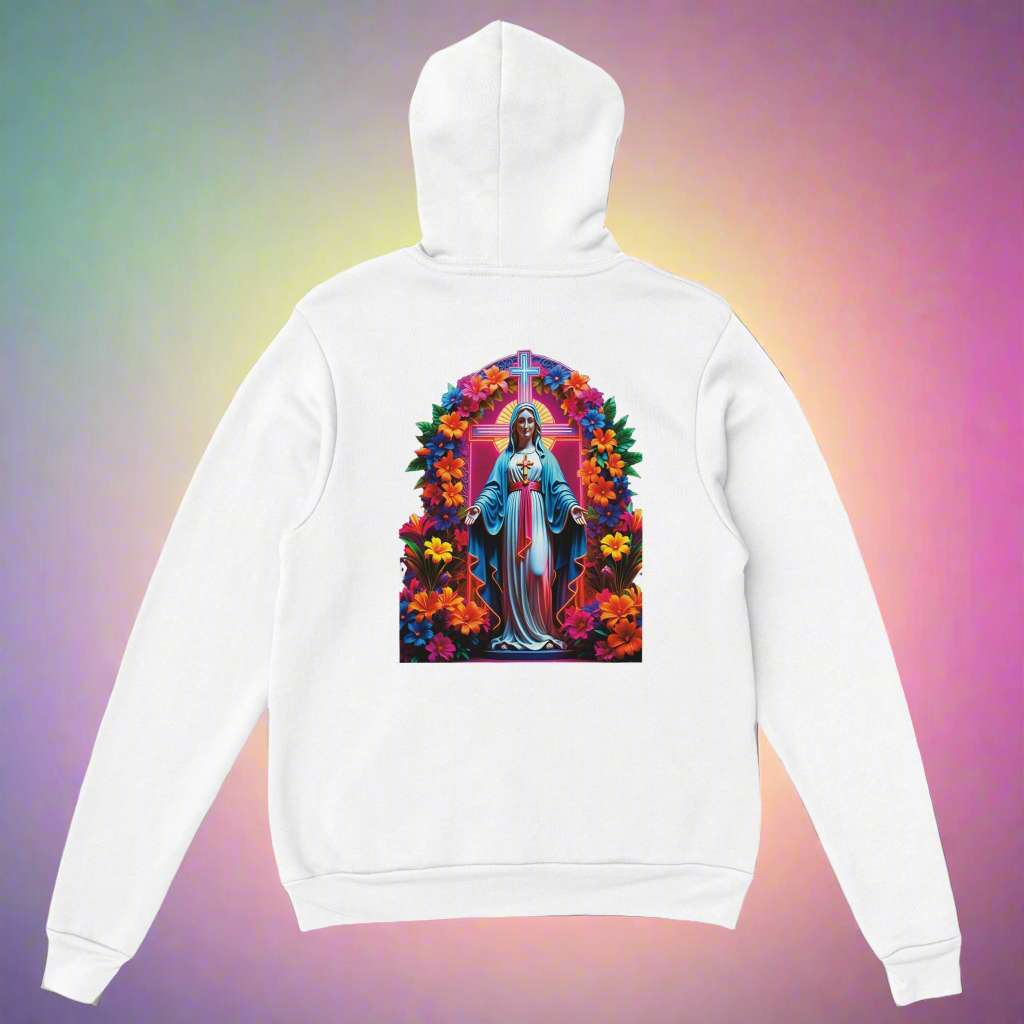 Women's Holy Mary Hoodie - Colorful Floral Design with Neon Accents