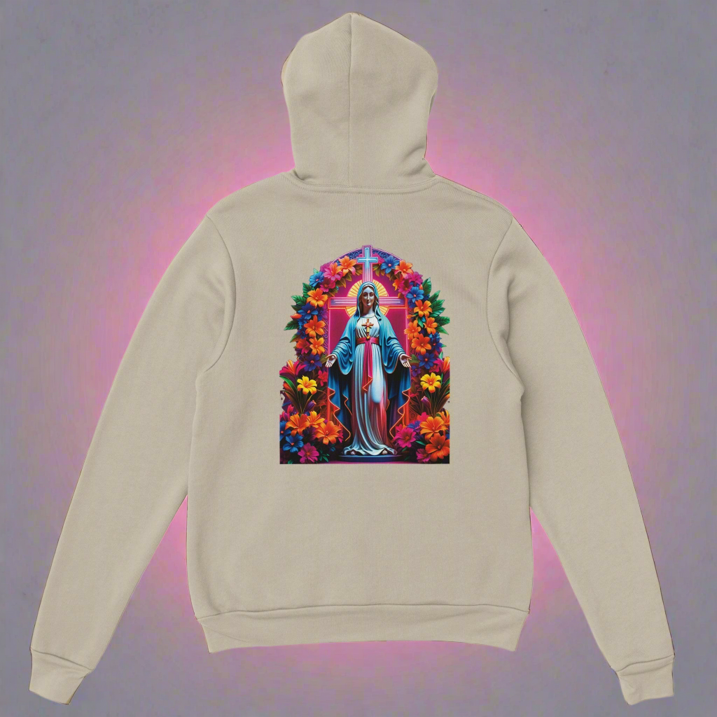 Women's Holy Mary Hoodie - Colorful Floral Design with Neon Accents