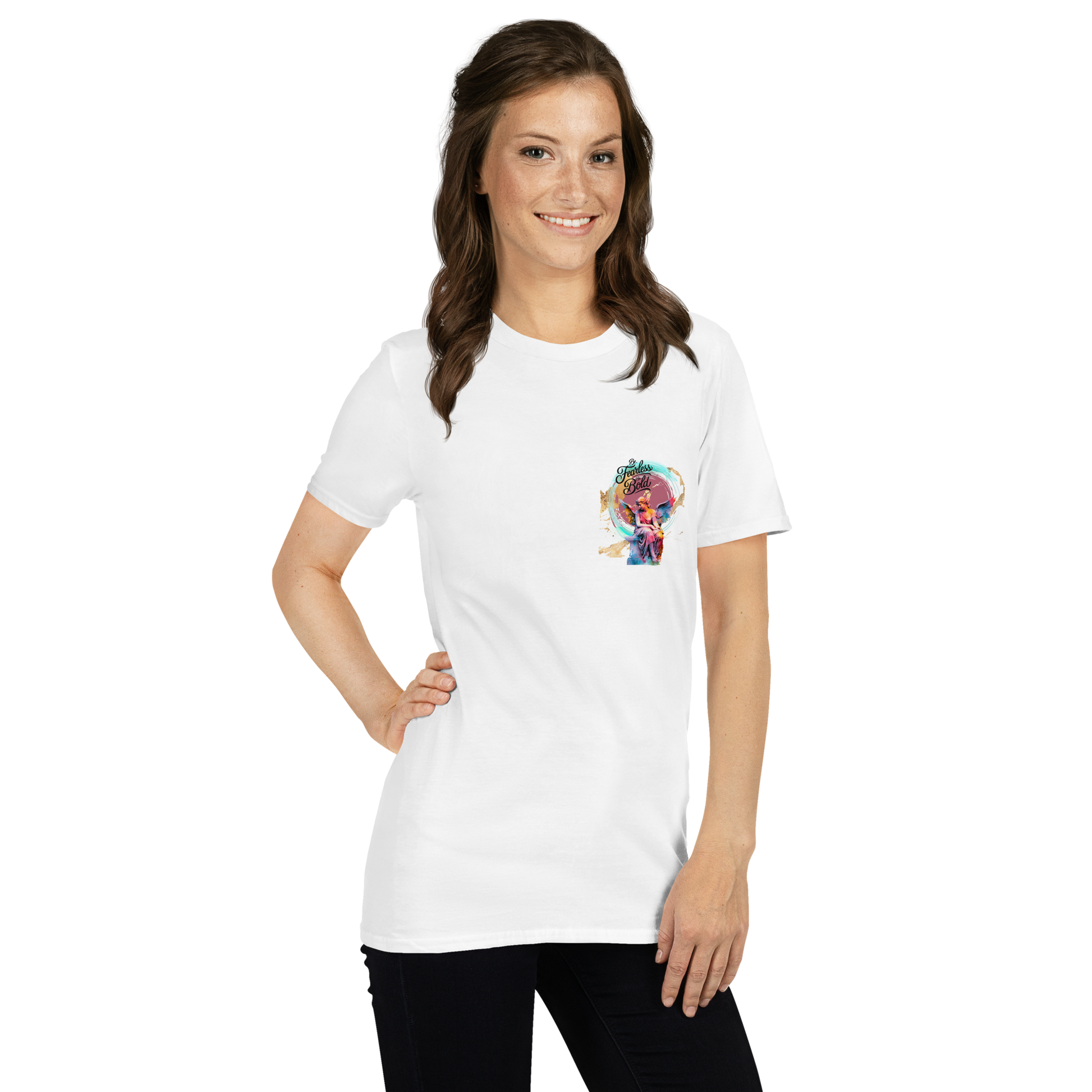 Woman wearing "Be Fearless Be Bold" t-shirt, white, colorful design.